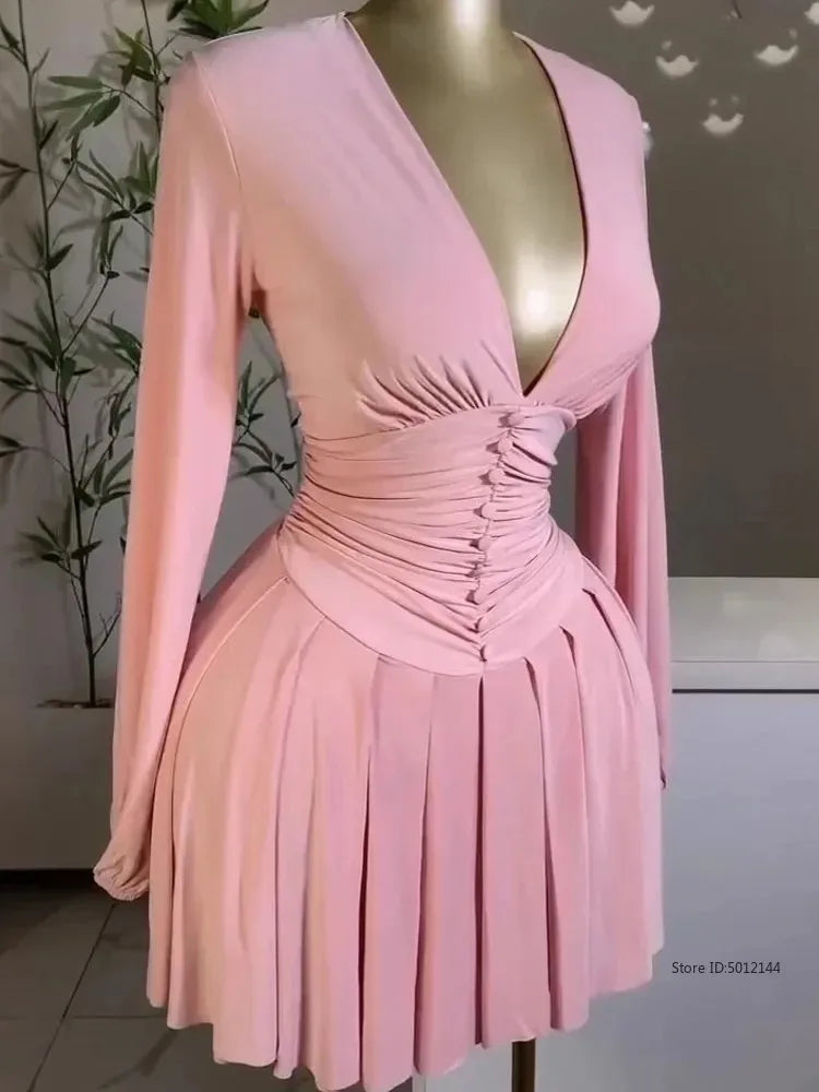 Saashi Ruched Plunge Mini Dress for Women A-Line Short Party Outfit with Lantern Sleeves