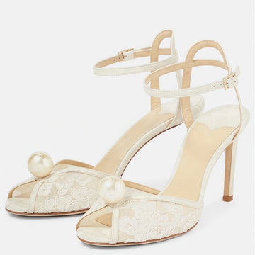Saashi Ladies Fashion White Lace Pearl Ankle Strap High Heel Crystal Open Toe Sandals