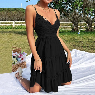 Saashi Lace Off-Shoulder Mini Dress - V Neck Spaghetti Strap, A-Line