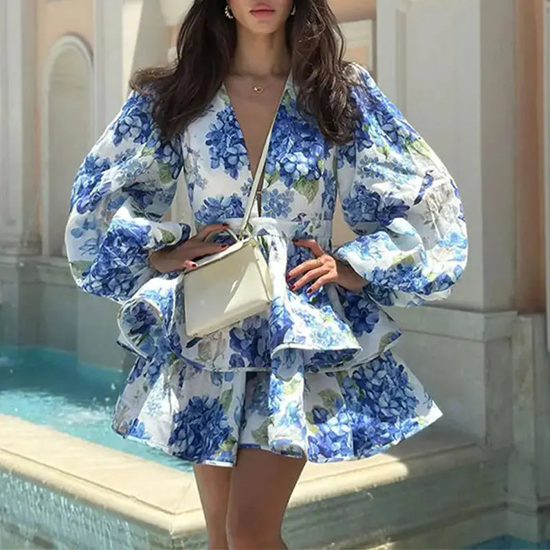 Saashi Floral Ruffle V Neck Puff Sleeve Mini Dress Elegant A Line Party Gown