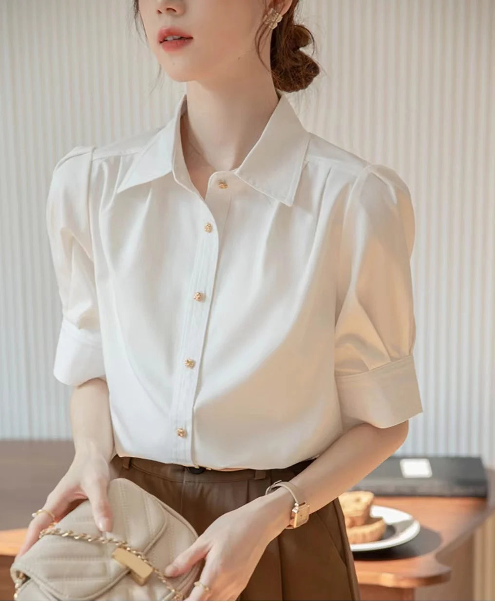 Saashi Women's Summer Office Lady Short Sleeve Solid Color Basic Korean Blouse.