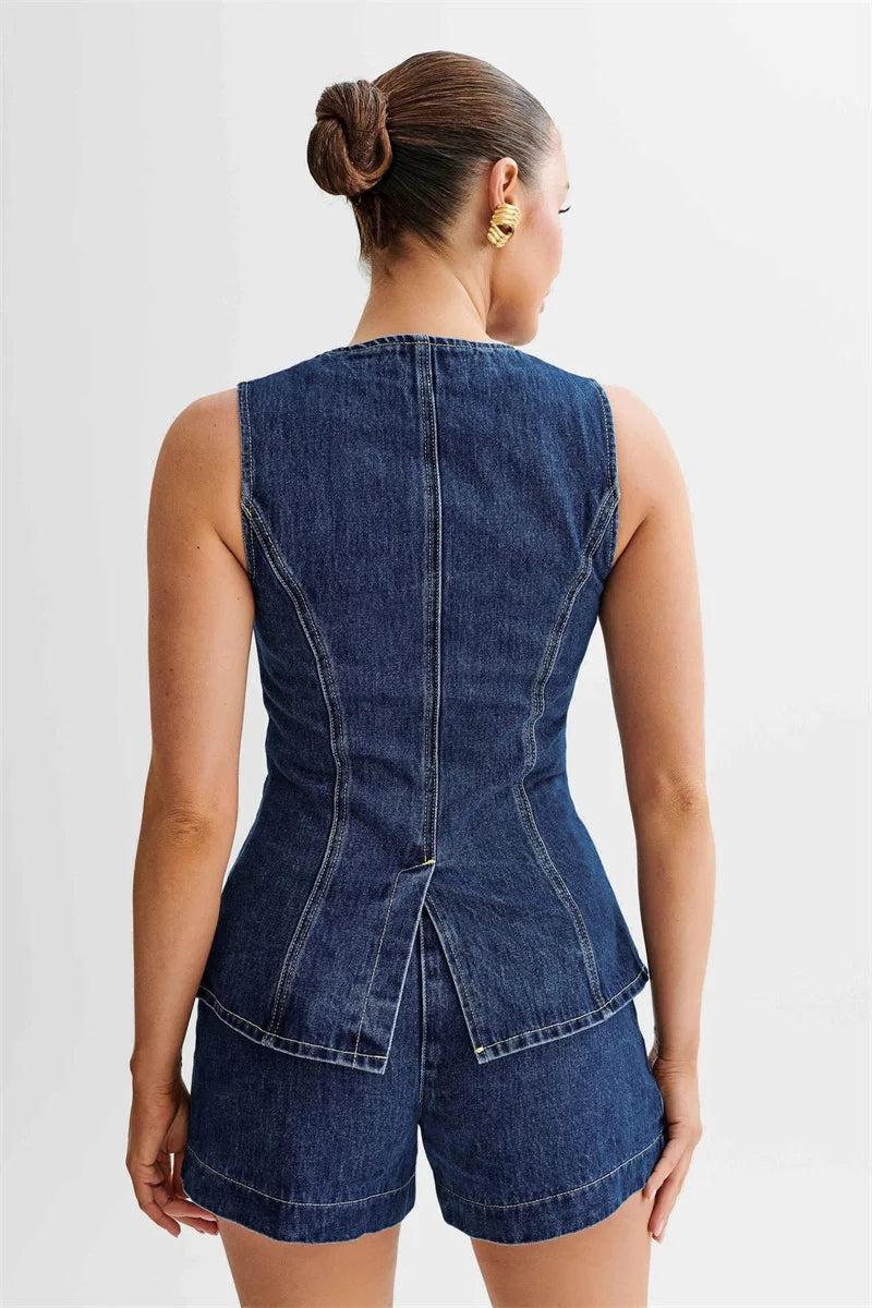 Saashi Summer Denim Shorts Two-Piece Set