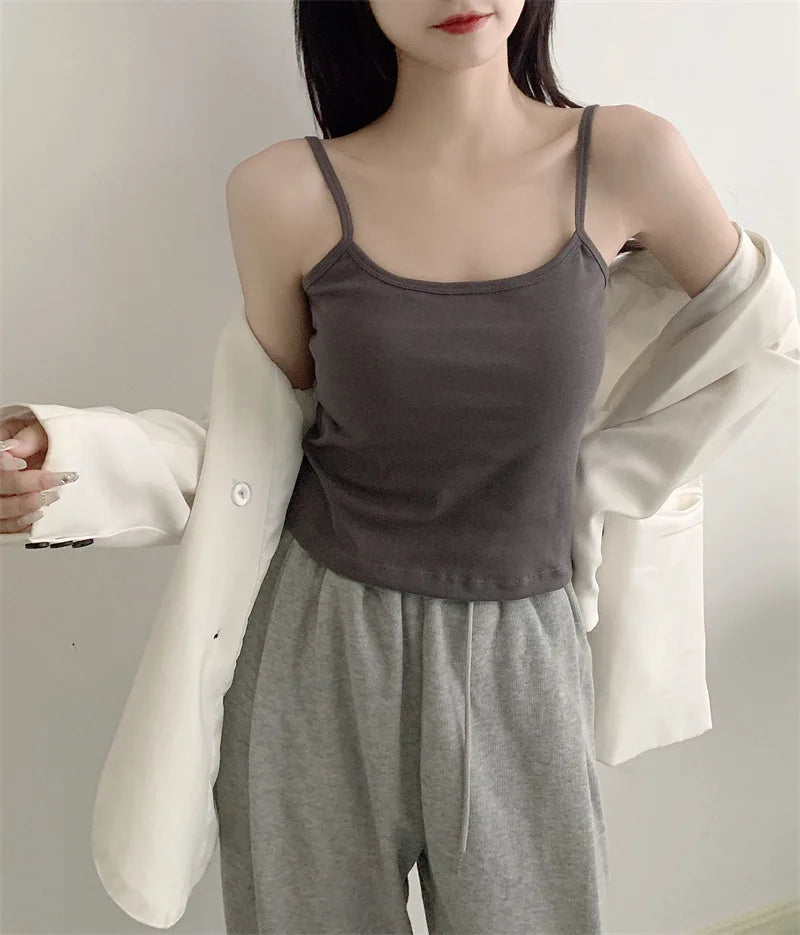 Saashi Womens Solid Color Spaghetti Strap Slim Camisole Sleeveless Crop Vest with Chest Pad