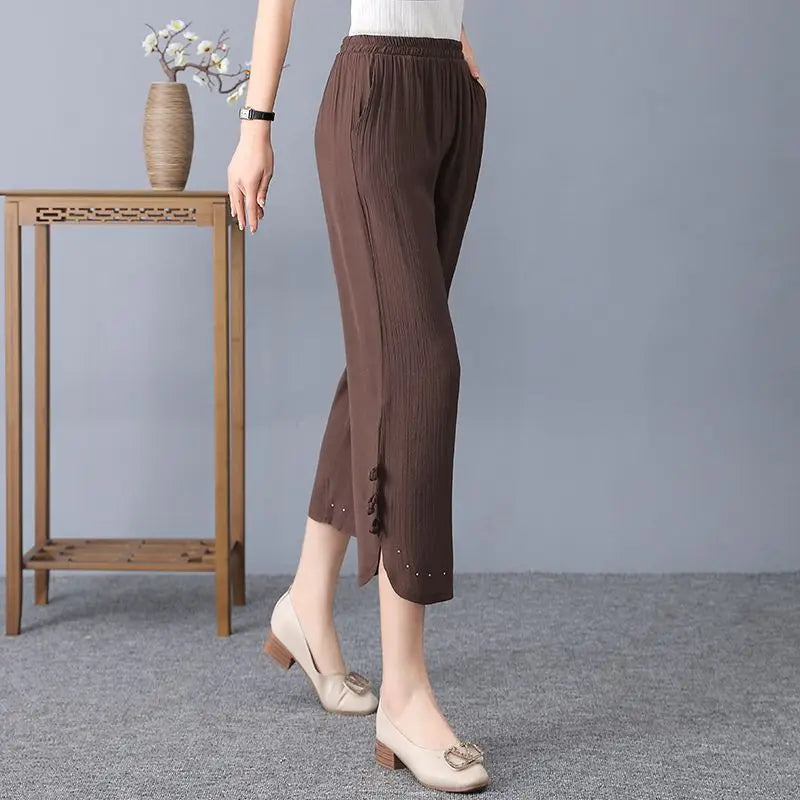 Saashi Lightweight High Waist Cropped Harem Pants for Women Elastic Loose Fit Summer Trousers
