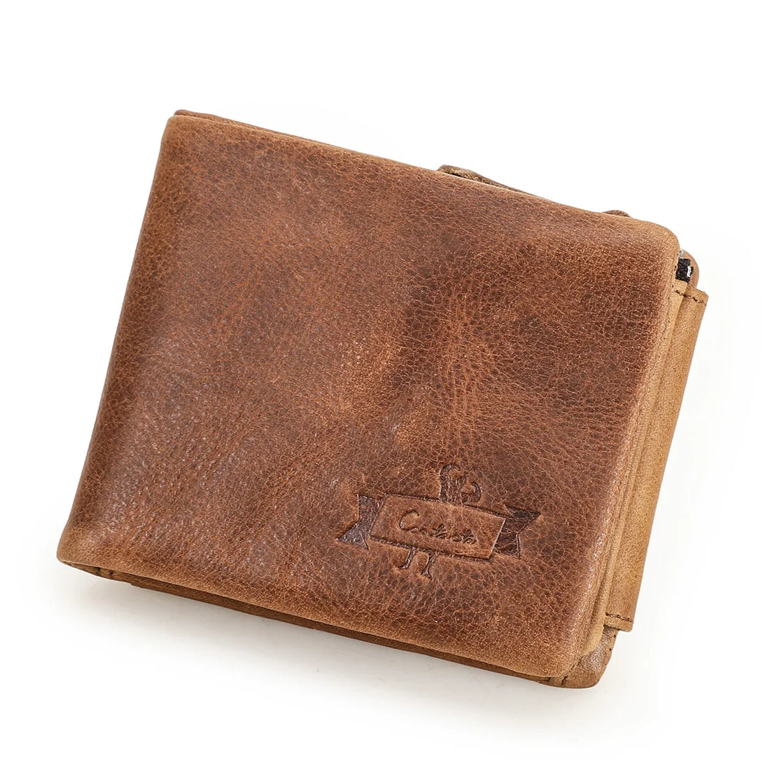 Saashi Men's Genuine Crazy Horse Vintage Cowhide Leather Trifold Zip Coin Wallet.