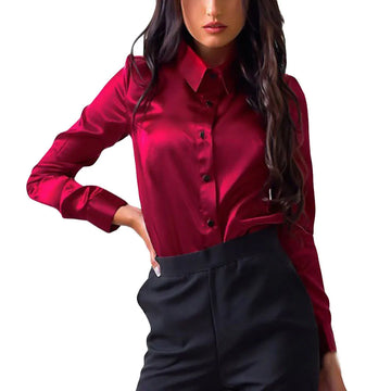 Saashi Women Long Sleeve Satin Shirt Blouse Solid Color Slim Down-Collar