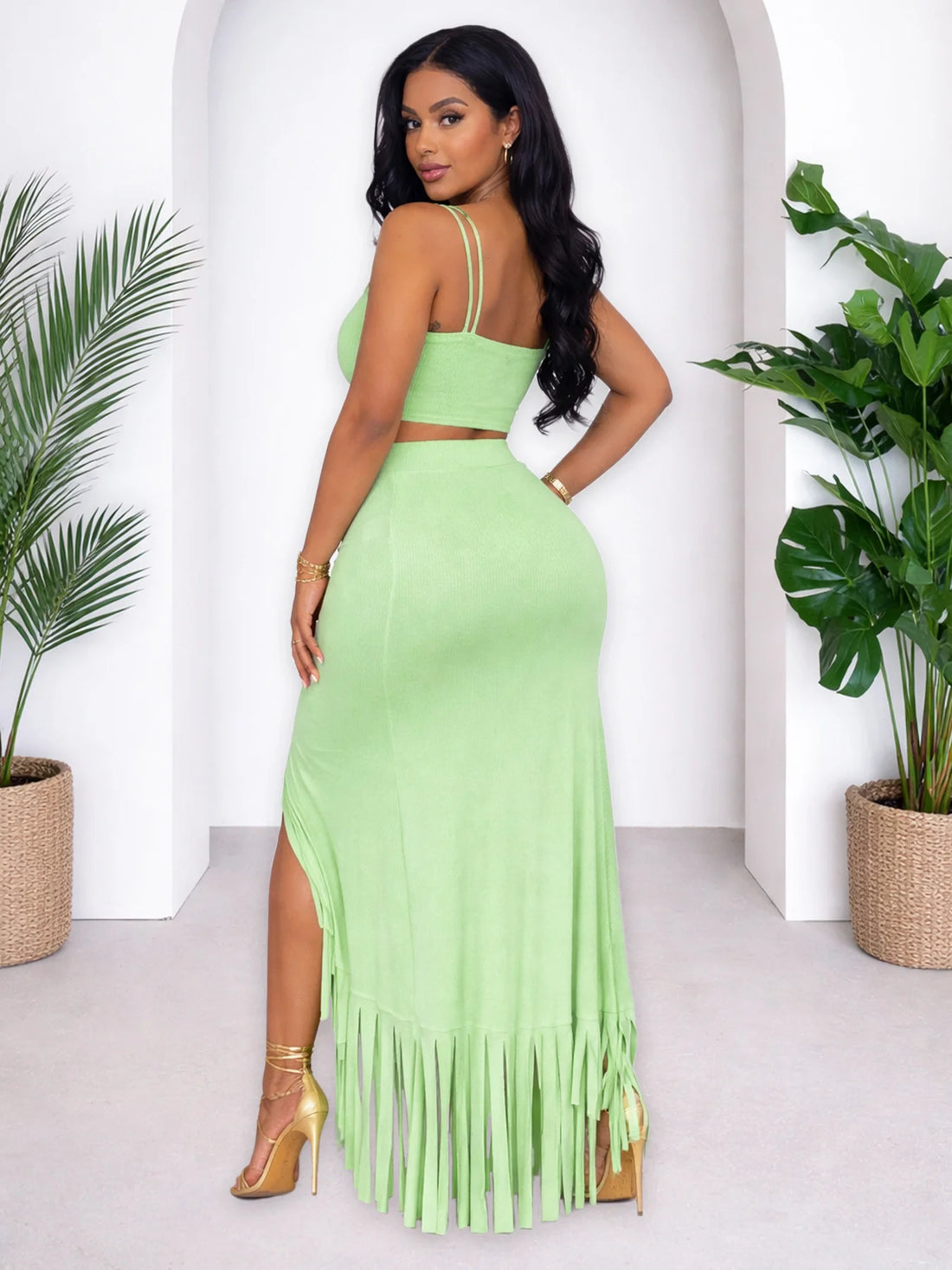 Saashi Cross-Strap Crop Top & Fringe Split Skirt Set