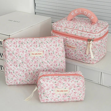 Saashi Vintage Pink Floral Women Cosmetic Large Capacity Toiletry Makeup Storage Quilted.