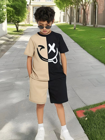 Saashi Boys Smile Face Color Block T-Shirt & Shorts Set – Casual Summer Streetwear Outfit for Kids