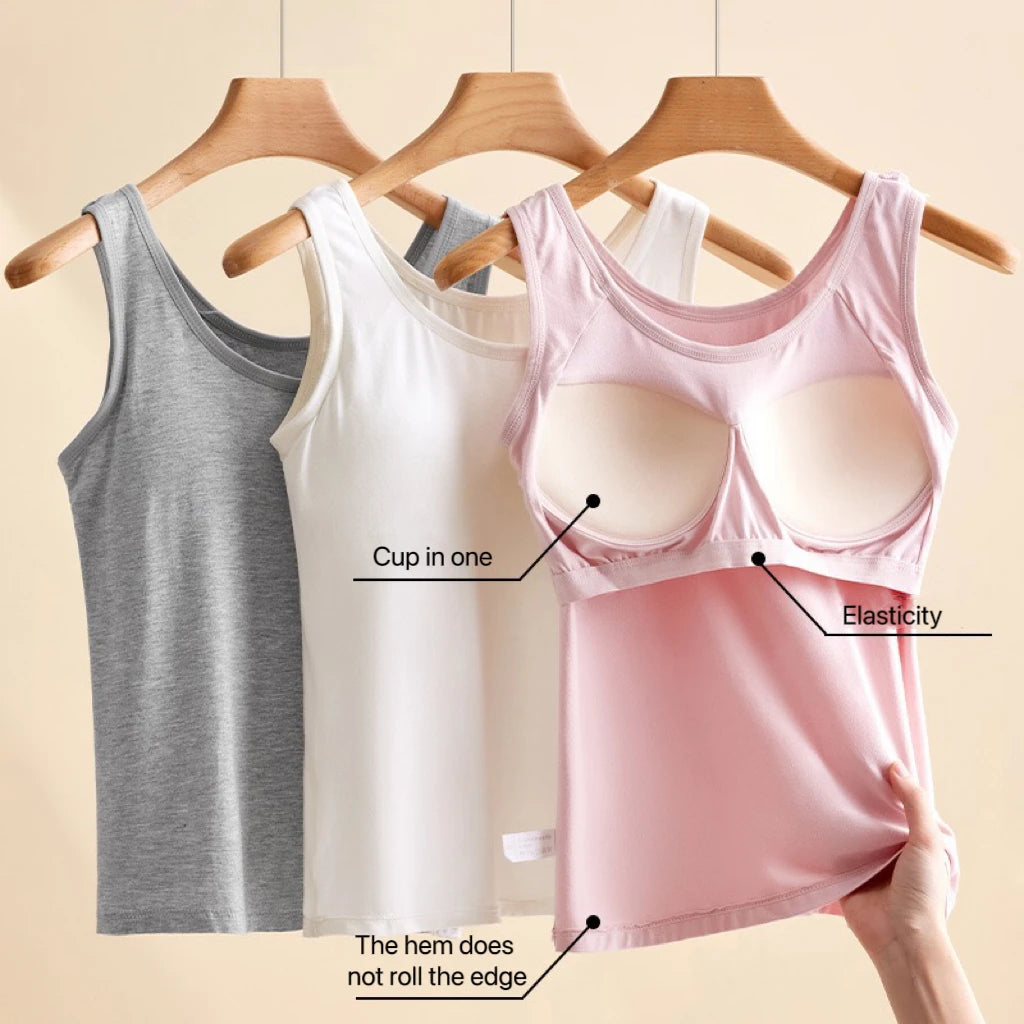 Saashi Womens Round Neck Padded Slim Fit Tank Top Solid Color Vest with Built In Bra