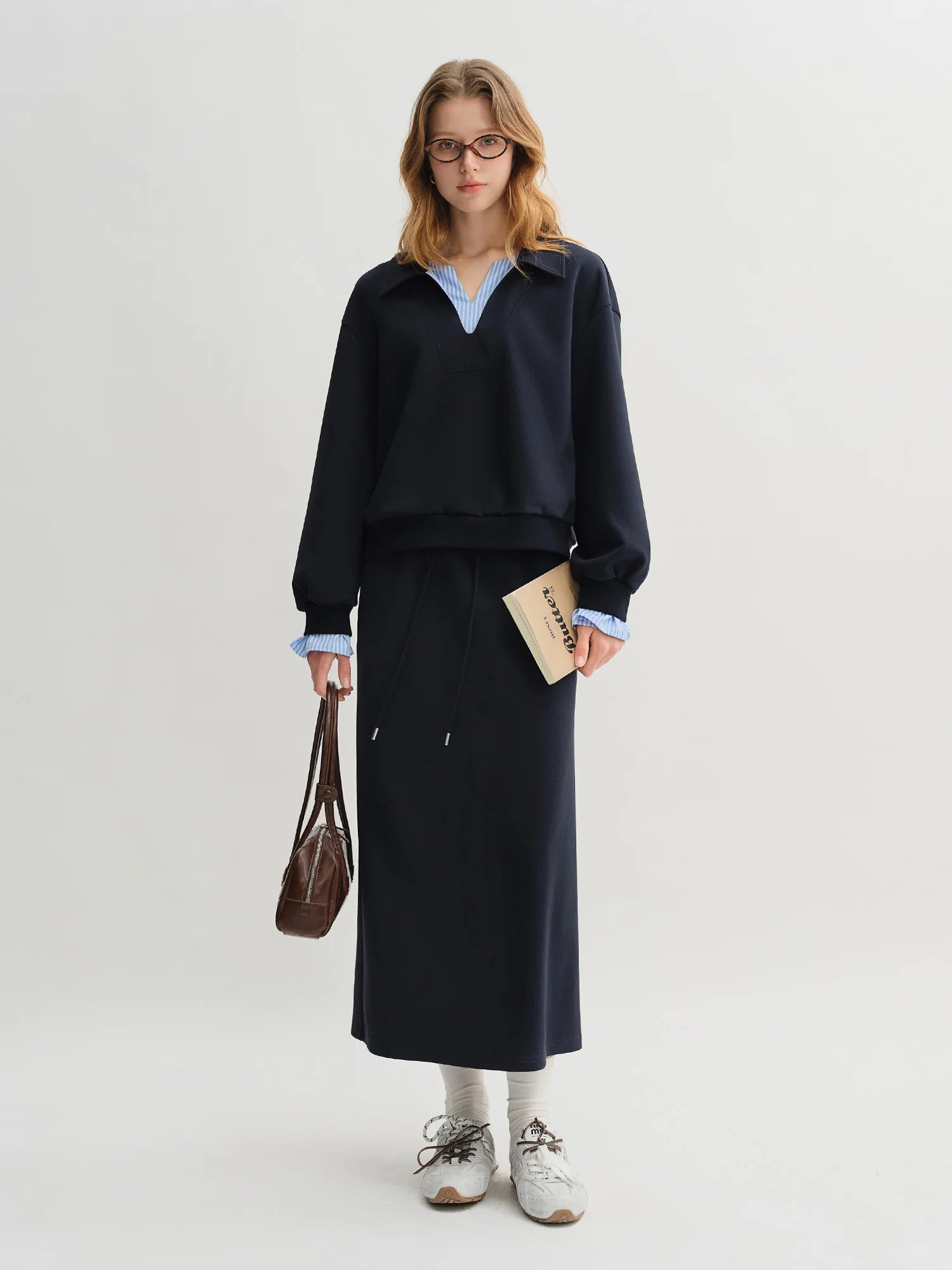 Saashi Plus Size Navy Blue Long Sleeve Sweater and Skirt Set for Women
