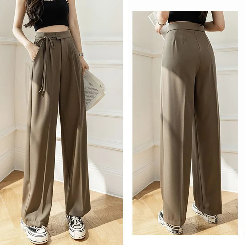 Saashi Women's Spring Lace Up Straight Leg High Waisted Solid Suit Pants