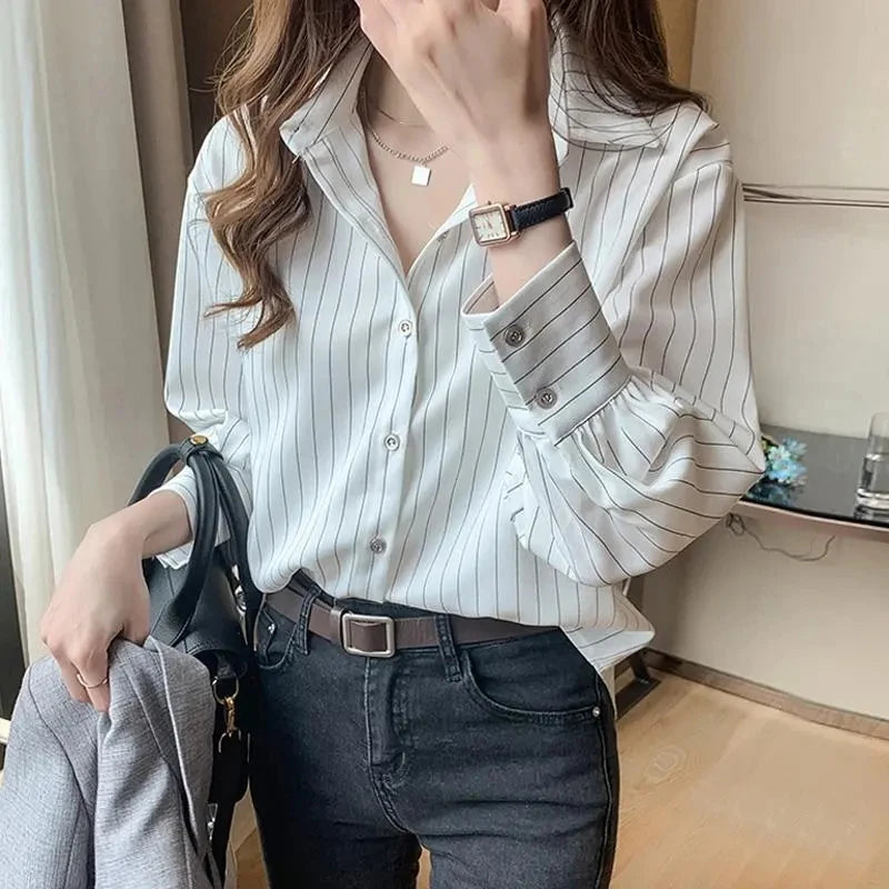 Saashi Women's Striped Summer Vintage Chic Loose Long Sleeve Y2K Office Blouse.