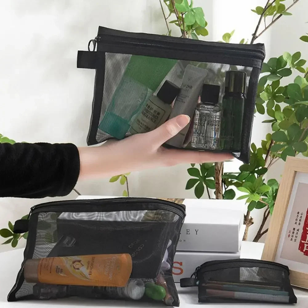 Saashi New Large Capacity Mesh Cosmetic Bag Portable Zipper Pencil Cases Storage.