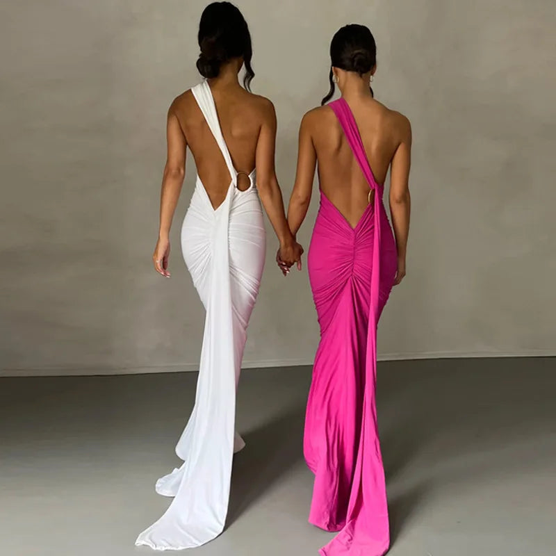Saashi Women's Y2K One Shoulder Backless Adjustable Scarf Loop Ruched Maxi Dress.