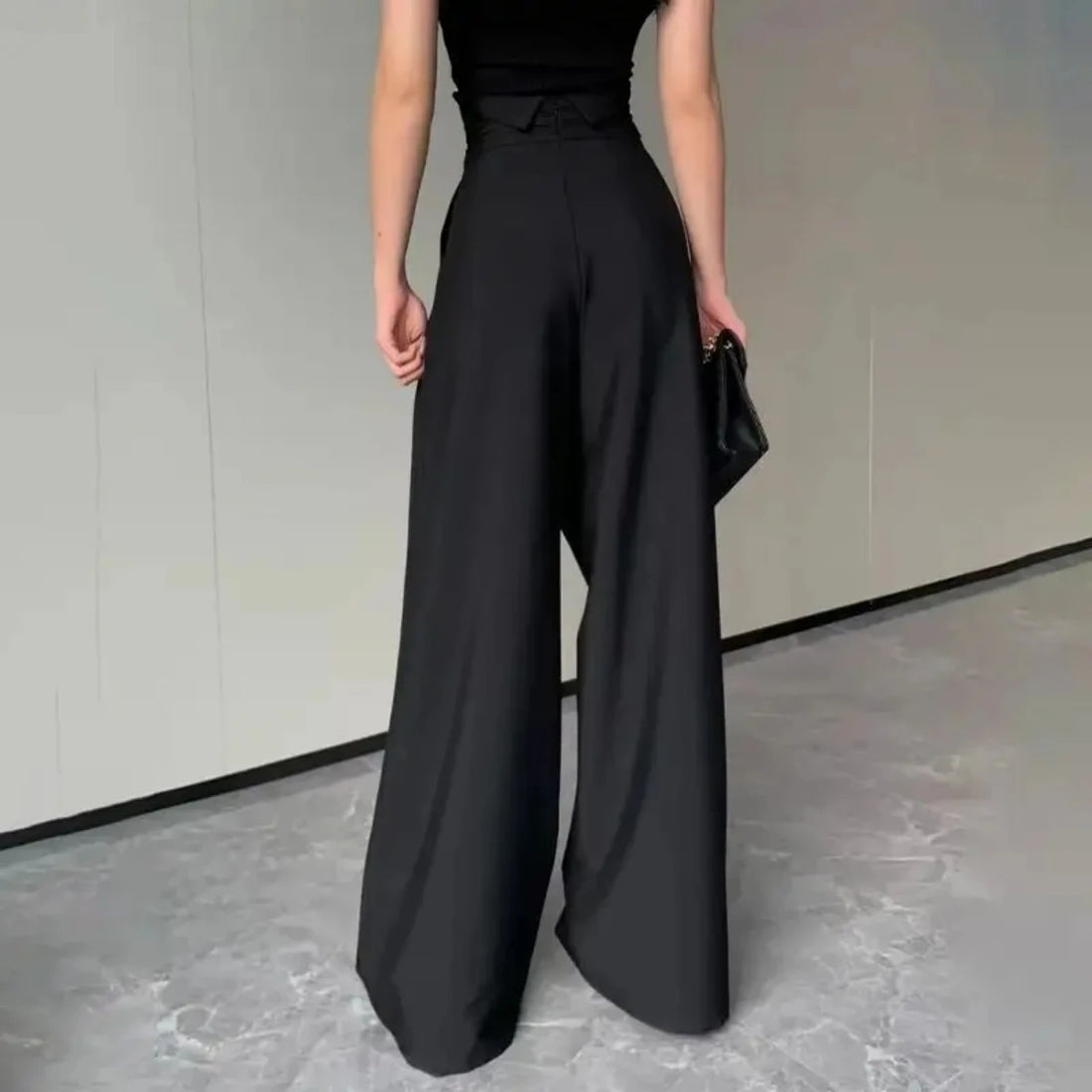 Saashi Women's Black High Waist Wide Leg Spring Summer Commuting Straight Suit Pants.