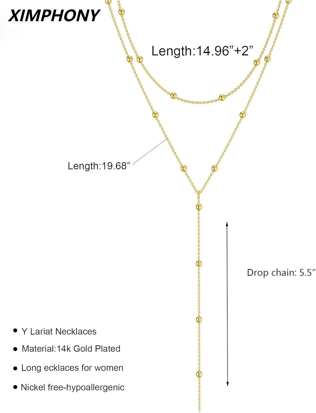 Saashi Gold Y-Shaped Pendant Necklace 14k Gold Plated Layered Beaded Chain Drop Gift