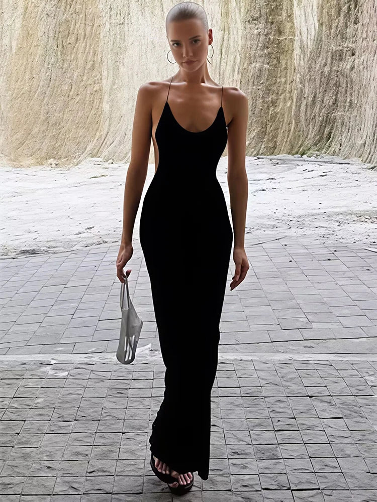 Saashi Women's Sexy Spaghetti Strap Backless Draped Bodycon Maxi Party Dress