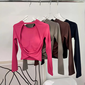 Saashi Women's Long Sleeve Yoga Top: A Fixed-Style, Backless Workout Sports Bra