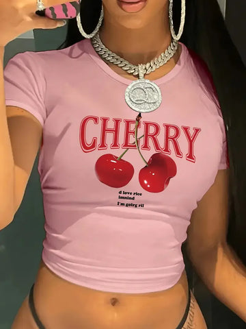 Saashi Y2K Cherry Print Crew Neck T Shirt Short Sleeve Tight Fit Crop Top for Women