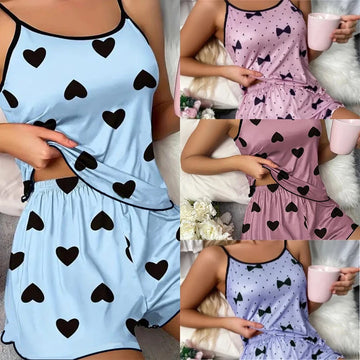 Saashi Ice Silk Heart Print Pajama Set