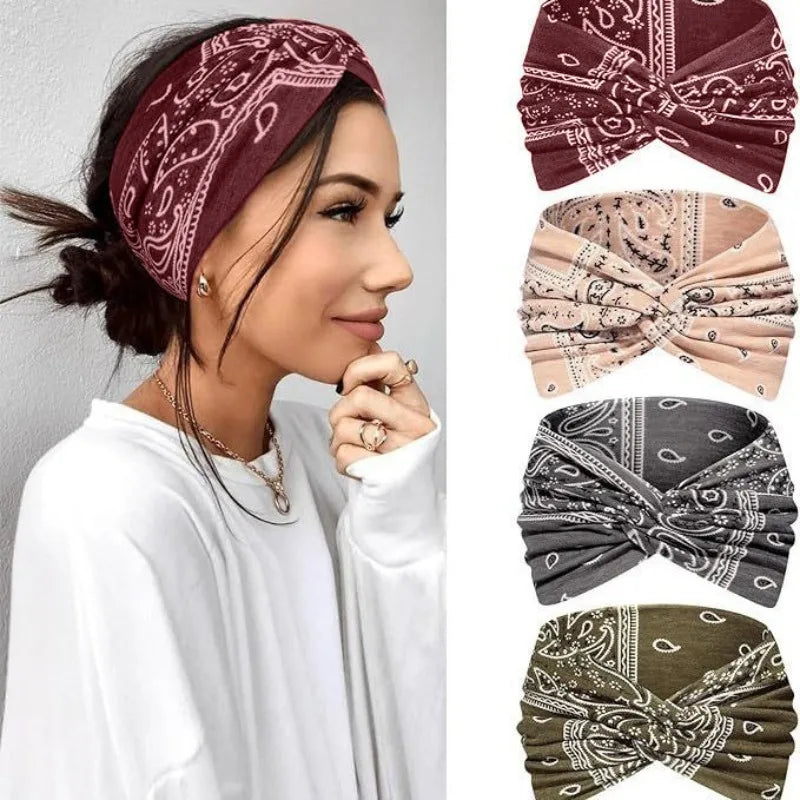 Saashi Boho Paisley Knotted Headbands Women Elastic Yoga Turban Bandana Hair Accessories.