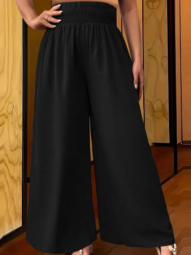 Saashi Plus Size Elastic High Waist Flare Pants for Women – Printed Velour Office Trousers