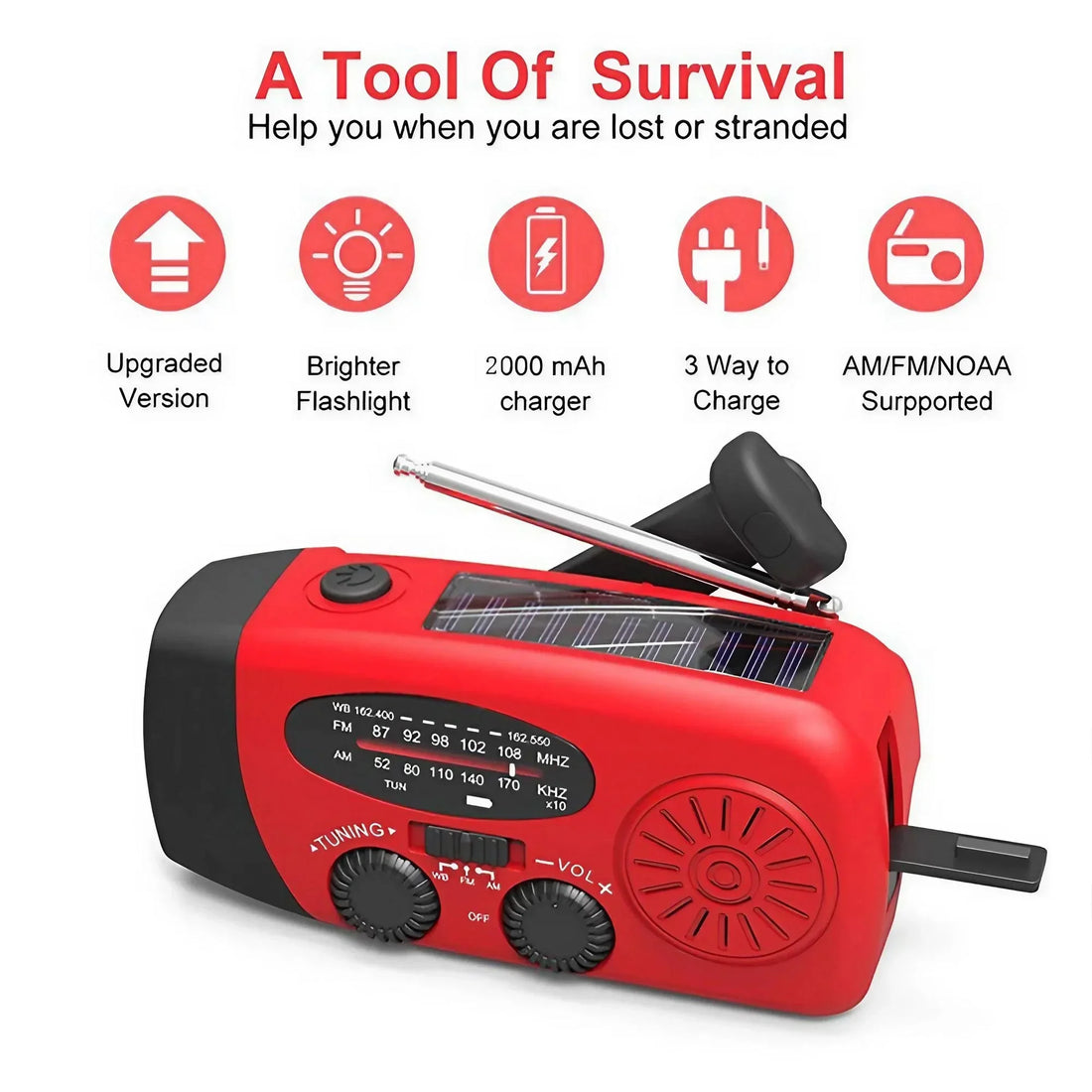 Saashi Multifunctional Portable Radio Hand Crank Solar Power FM AM WB NOAA.