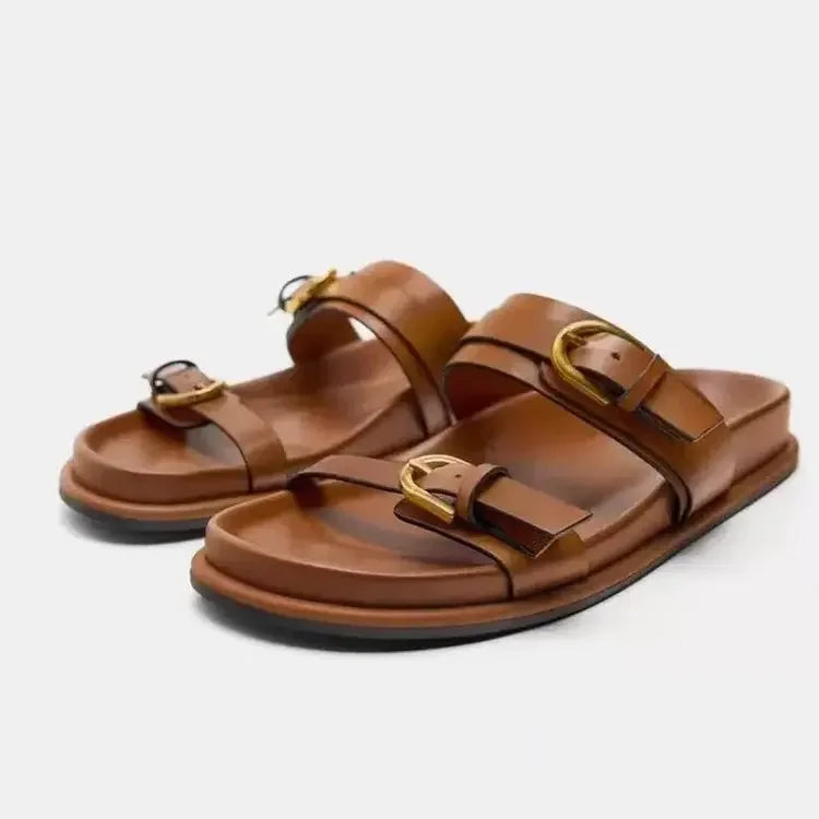 Saashi Women's Black Flat Slingback Sandals with a Round Toe & Metal Buckle