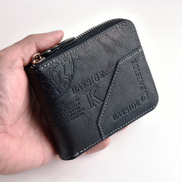 Saashi Men's Retro Letter Embossed Faux Leather Zipper Closure Credit Card Wallet.