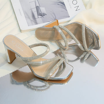 Saashi Women's Sparkling Square-Toe High-Heel Chunky Mules Spring Summer Fall Sandals.