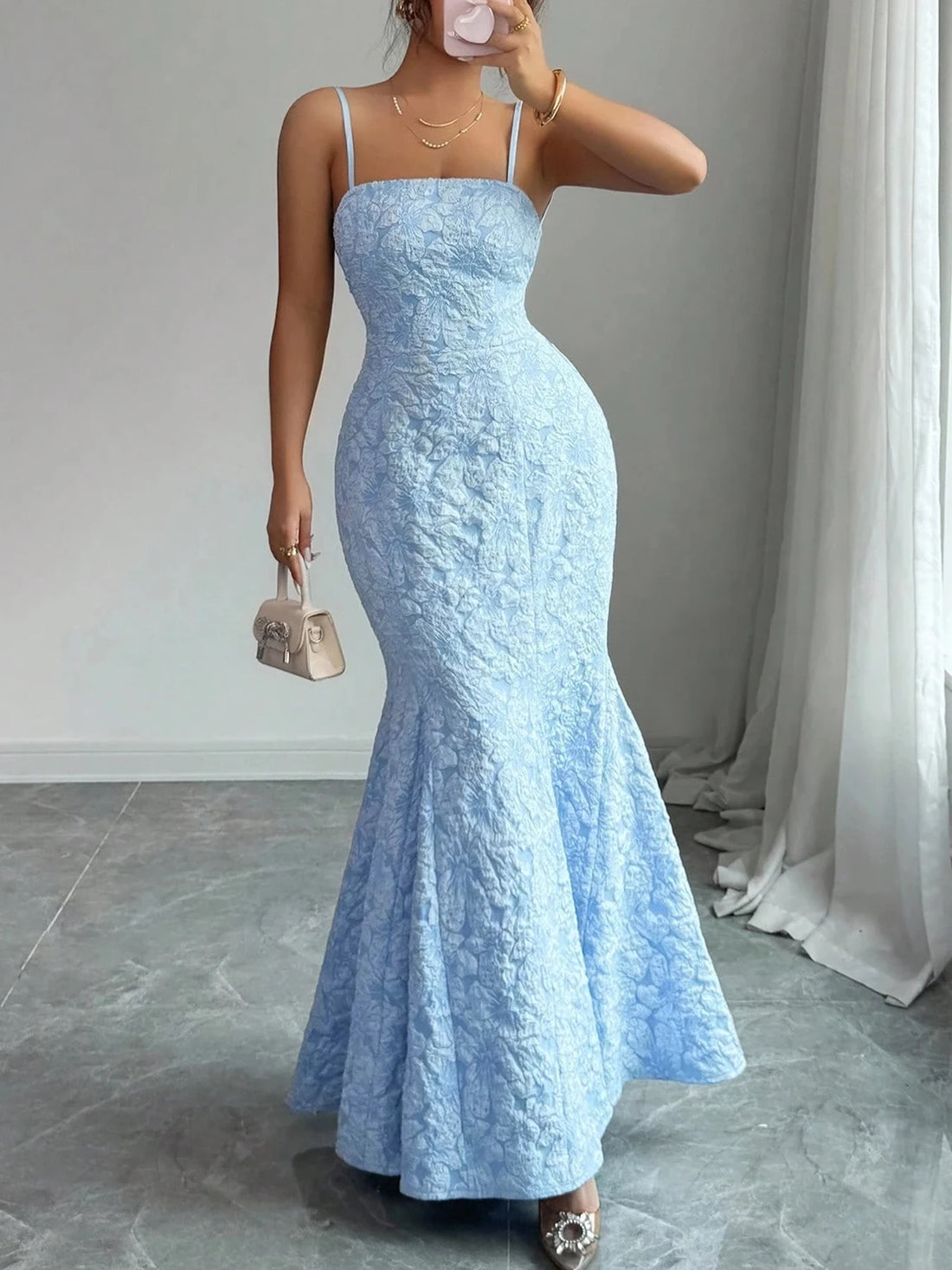 Saashi Women's Light Blue Mermaid Spaghetti Strap Backless Lace-Up Evening Gown.