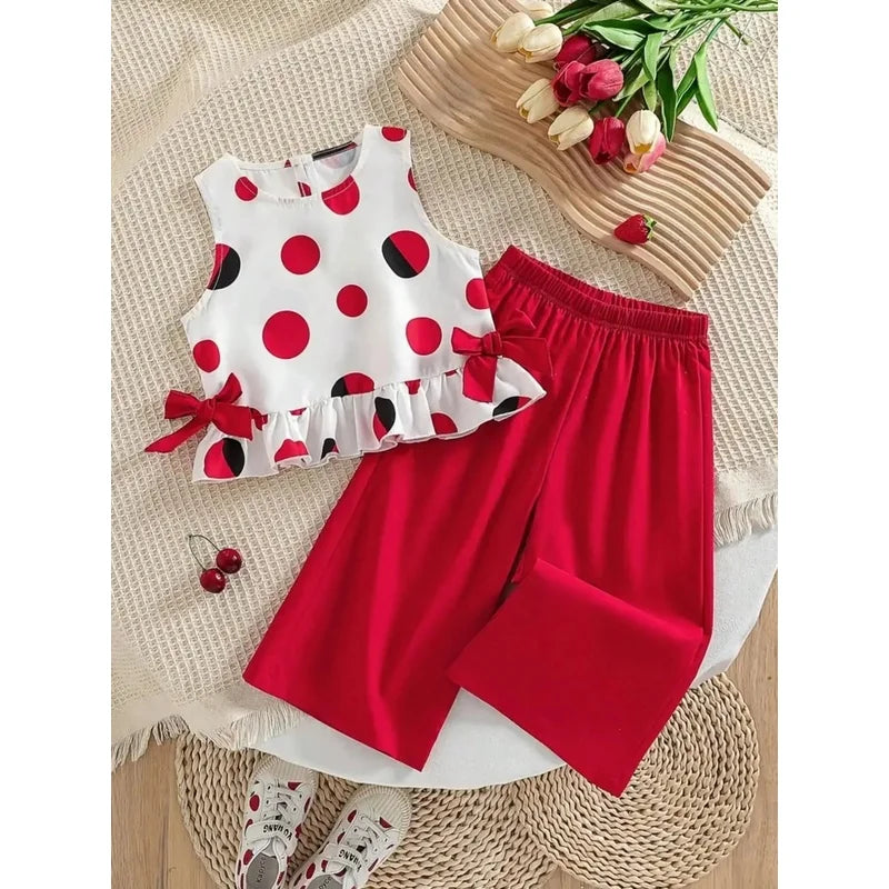 Saashi Girls’ Polka Dot Ruffle Bow Co-Ord Set