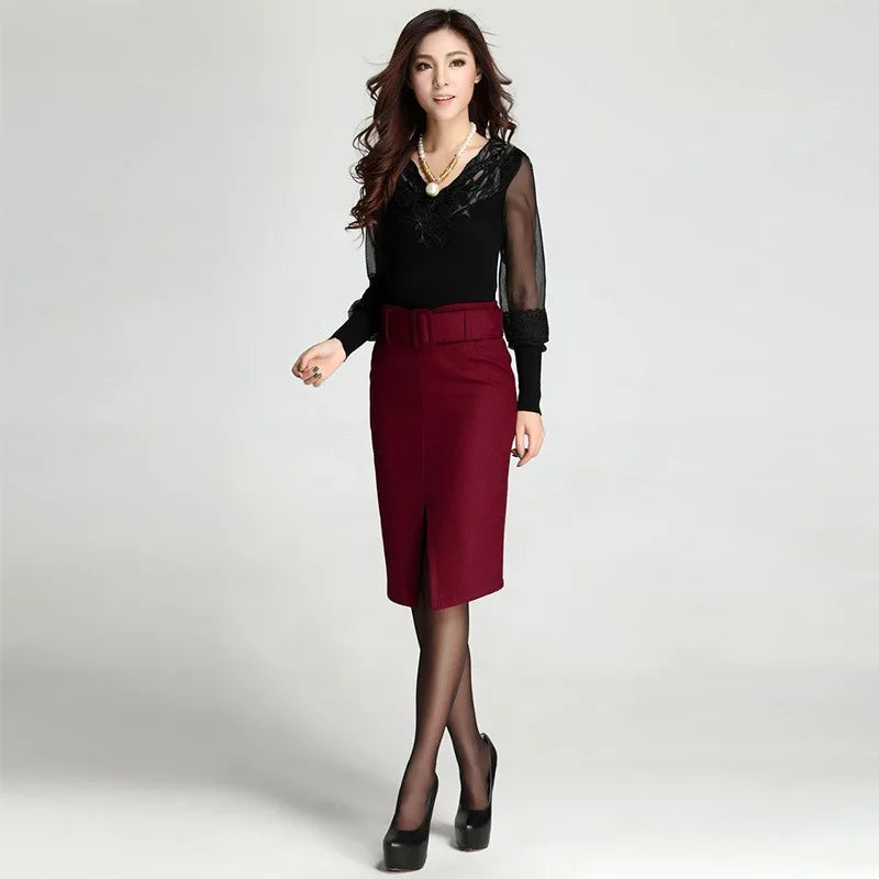 Saashi Women's Large Size High Waist Casual Mid-Length Wool Pencil Fashion Skirt.