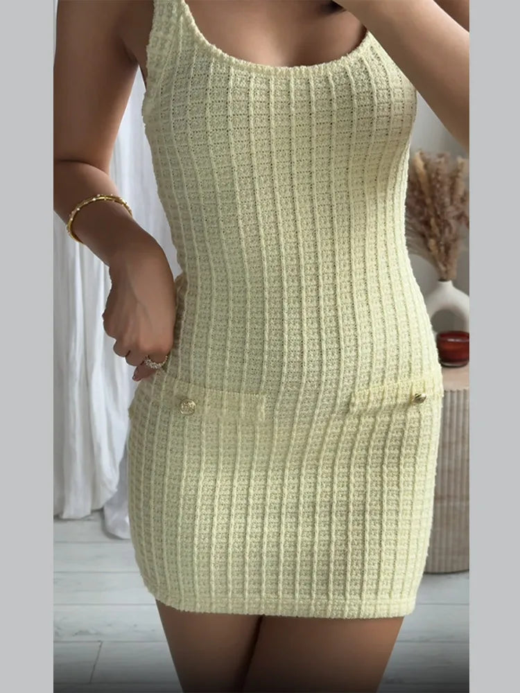 Saashi Butter Yellow Knitted Mini Bodycon Dress, Elegant Splicing Backless for Women