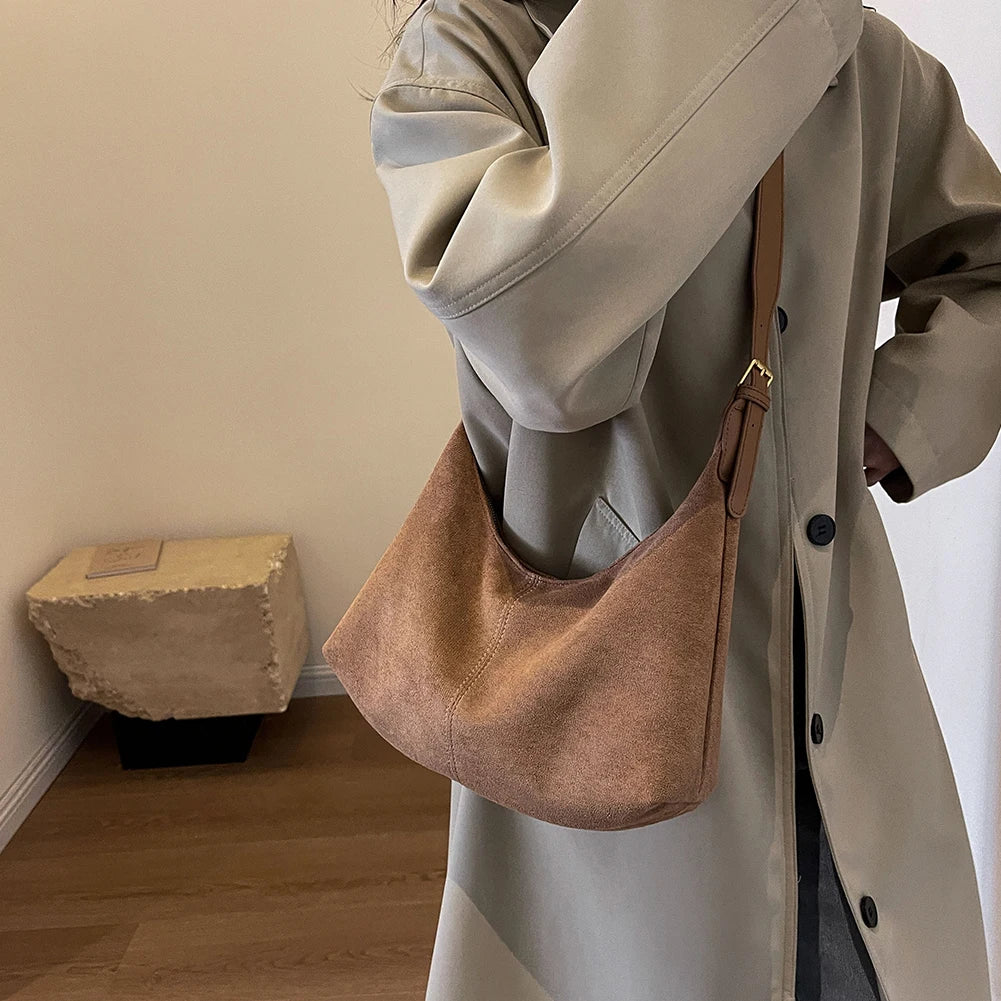 Saashi Vintage Suede Crescent Hobo Bag Luxury Womens Shoulder Purse Casual Crossbody Designer Clutch