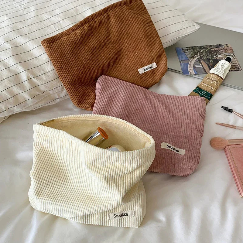 Saashi Solid Color Corduroy Makeup Pouch Cosmetic Large Capacity Storage Portable Wash.