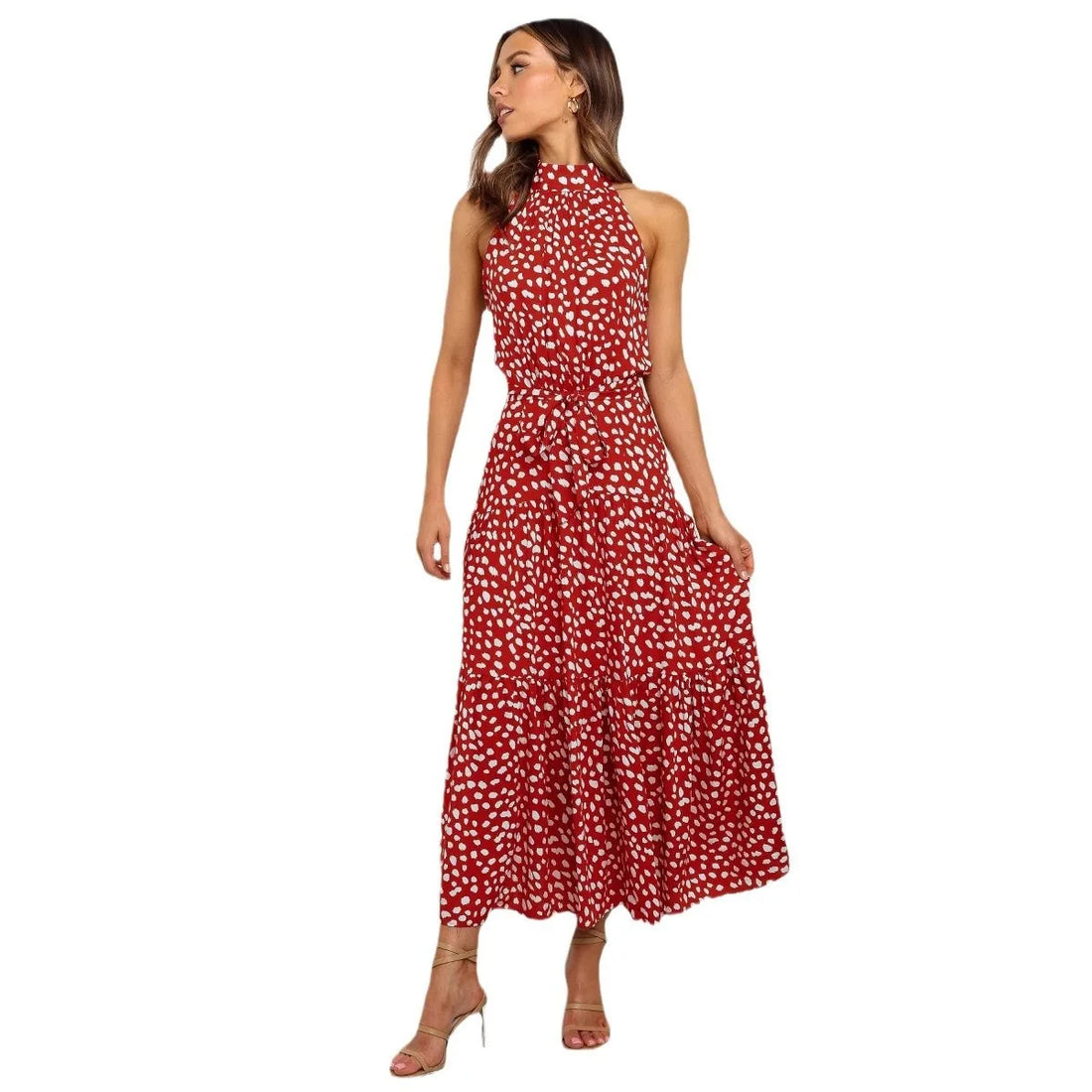 Saashi Women's Halter Neck Floral Print Boho Smocked Waist Maxi Beach Dress