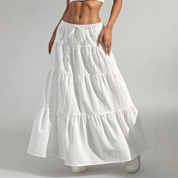 Saashi Women's Summer White Long Lace Up Bow Low-Waisted Spliced Maxi Skirt