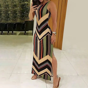 Saashi Women's Colorful Striped Side Slit Colorblock Sleeveless Slim Maxi Dress