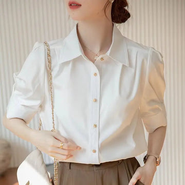 Saashi Women's Summer Office Lady Short Sleeve Solid Color Basic Korean Blouse.