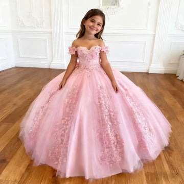 Saashi Girls Elegant Floral Applique Bow Princess Dress