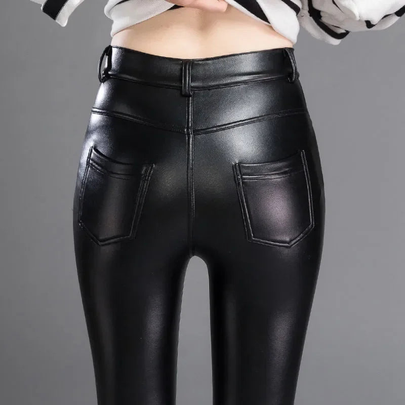Saashi Women’s Black PU Leather Thermal Leggings – High-Waist, Slim Fit, Stretchy