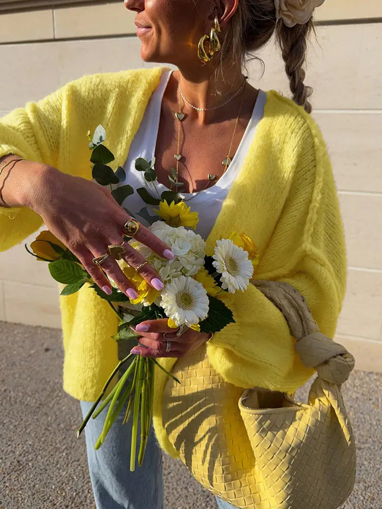 Saashi Women's Soft Yellow Loose Long-Sleeve Cardigan Korean All Match Sweater Coat.