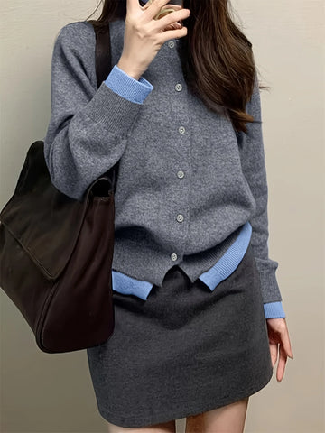 Saashi Women's Autumn Winter Fashion Gray Soft Knitted Button-up Cardigan Sweater Jacket