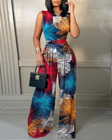 Saashi Graphic Print Wide Leg Jumpsuit: Elegant Casual One Piece