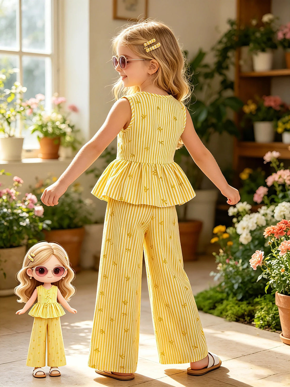Saashi Girls Yellow Stripe Bow Peplum Top & Wide-Leg Pants Set