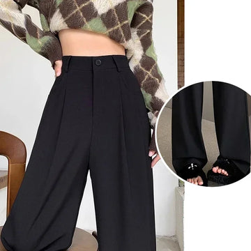 Saashi Women's Fashion High Waist Breathable Wide Leg Straight Black Coffee Suit Pants.