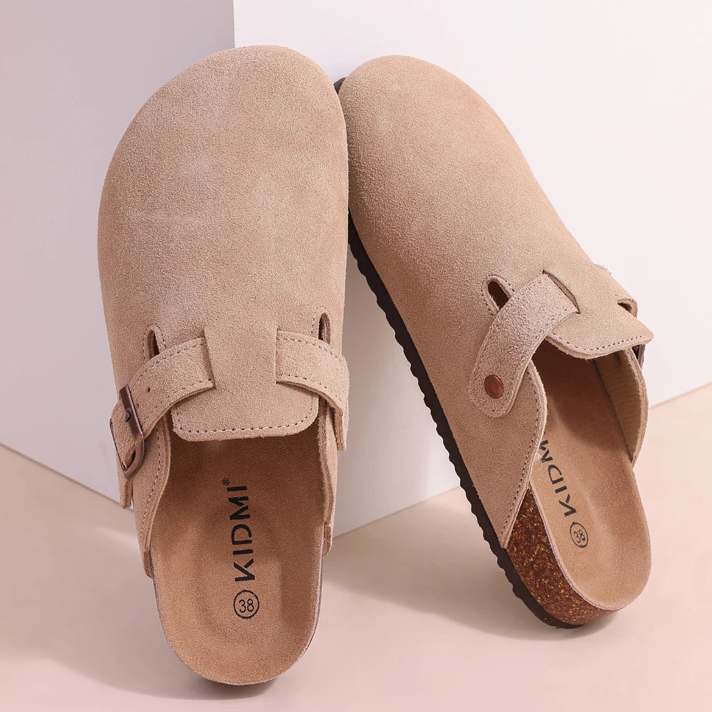 Saashi Unisex Genuine Suede Buckle Clogs with Arch Support and a Soft Cork Footbed