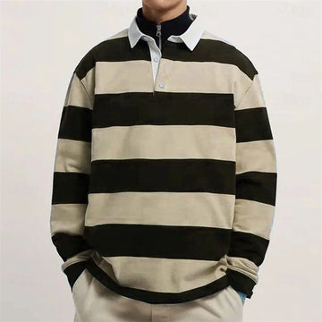 Saashi Men's Simple Fashion Striped Casual Autumn Long Sleeve 3D Printed Polo.